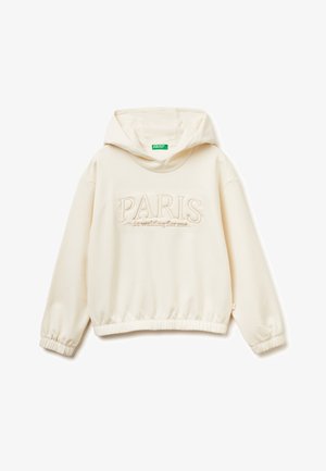 Krémová mikina s kapucí vyrobená z měkké tkaniny, na přední straně s vyvýšeným nápisem "PAŘÍŽ na mě čeká" a elastickými manžetami.