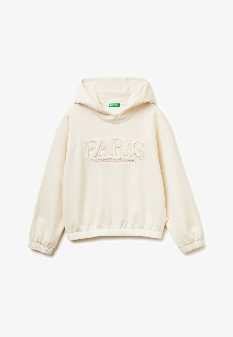 Felpa con cappuccio color crema realizzata in tessuto morbido, con una scritta in rilievo "PARIGI mi sta aspettando" sulla parte anteriore e polsini elasticizzati.