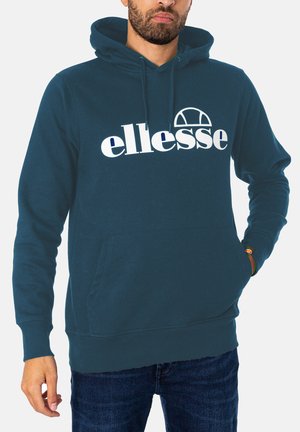 Teal Kapuzenpullover mit einer Fronttasche, gerippten Bündchen und Saum sowie einem auffälligen weißen Logo, das über der Brust aufgedruckt ist. Material aus Baumwollmischung.