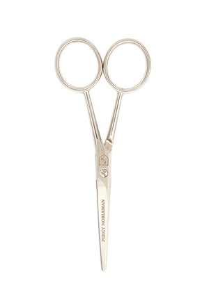 Ciseaux en acier inoxydable avec des trous pour les doigts ronds, finition argentée, lames effilées et marquage gravé sur le manche.