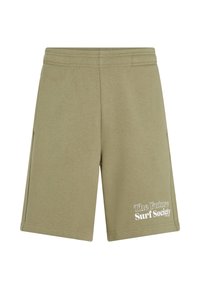 Olijfgroene shorts van zachte stof, met een comfortabele elastische tailleband en de witte tekst "The Future Surf Society" aan de zijkant.