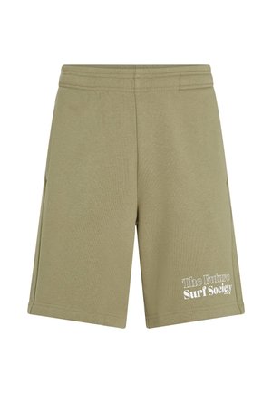 Olijfgroene shorts van zachte stof, met een comfortabele elastische tailleband en de witte tekst "The Future Surf Society" aan de zijkant.
