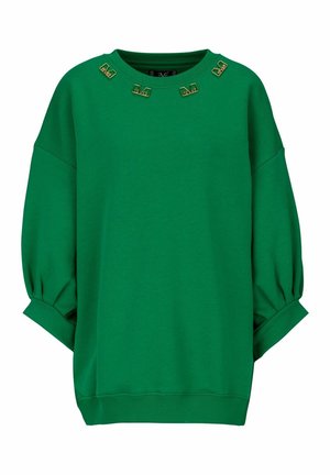 Zelená mikina s volným střihem, kulatým výstřihem a nabíranými rukávy, se zlatými detaily na výstřihu. Měkká textura.