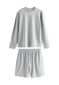 Gray long-sleeve t-shirt and shorts set made of soft fabric. The top features a crew neckline, while shorts have an elastic waistband.