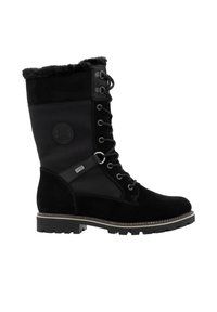 Botte noire mi-mollet en daim et cuir. Présente un revers doublé de fourrure, un devant à lacets et une semelle robuste pour l'adhérence. Design à bout rond.