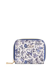 Cvećasta novčanica s plavo-bijelim dizajnom, s zlatnim metalnim dijelovima i zatvaranjem na zip. Materijal: sintetički s glatkom teksturom.