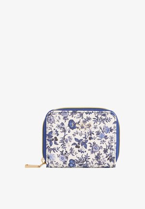 Lillene rahakott sinise ja valge disainiga, millel on kuldne riistvara ja lukuga sulgemine. Materjal: sünteetiline, sile tekstuur.