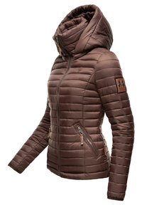 Brown padded jacket with a high collar and large hood. Features zippered pockets and a textured finish. Leather patch with logo on sleeve.