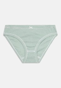 Green and white striped women's underwear with a small white bow at the center waistband, laid flat on a white background.
