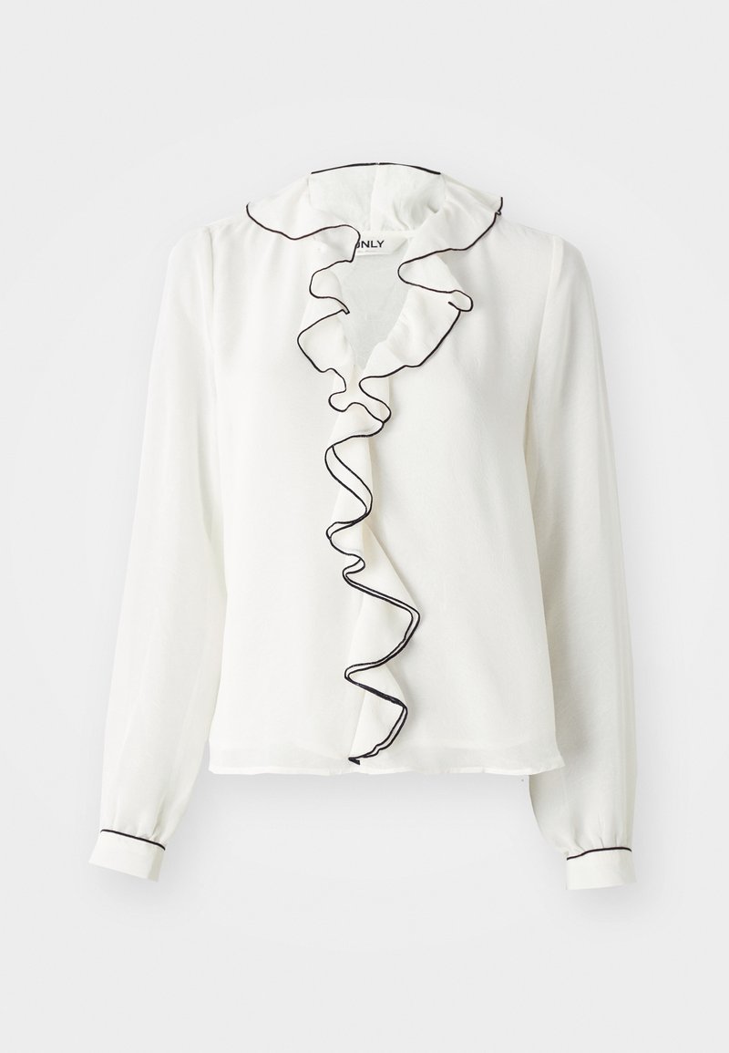 Blouse blanche à manches longues avec un col froncé et une patte de boutonnage soulignée de noir. Texture douce, coupe classique, poignets élastiques.