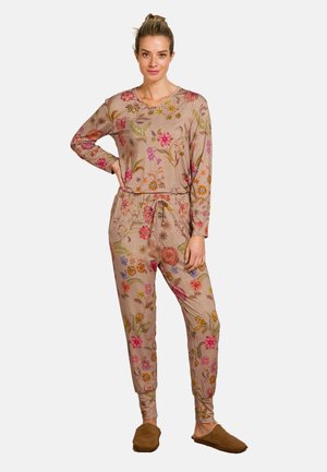 Floraal pyjama set van zachte stof, met lange mouwen, een trekkoord taille en een lichtbruine basis met kleurrijke geborduurde bloemen.