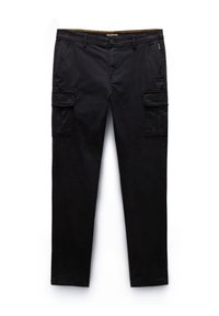 Black cargo pants with a straight-leg cut, featuring two side pockets, two thigh pockets, and durable fabric with a smooth texture.