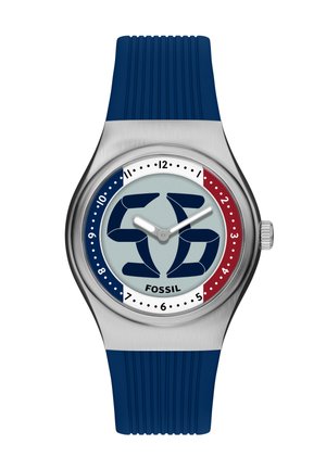 Orologio da polso in argento con sezioni del quadrante blu e rosse, grande "55" stilizzato al centro, lancette bianche di ore e minuti, e cinturino blu testurizzato.