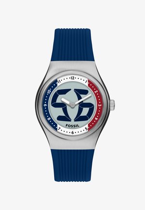 Silver wristwatch with blue and red dial sections, large stylized "55" in center, white hour and minute hands, and blue textured strap.