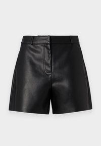 Černé kožené šortky s hladkou texturou, střih na míru a přední kapsy. Disponují klasickým pasem a čistými liniemi pro strukturovaný vzhled.
