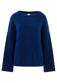 Blaues, flauschiges Sweatshirt aus weichem Material, mit rundem Halsausschnitt, langen Ärmeln und lockerer Passform. Minimalistisches Design ohne Muster.