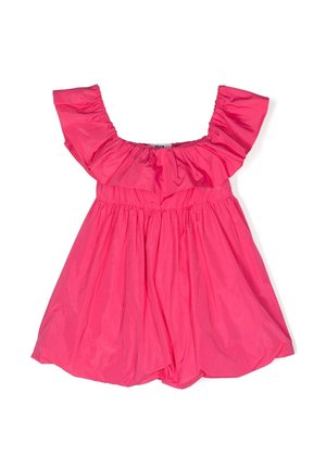 Roze mouwloze jurk met een geraffineerde halslijn, elastische taille en een vloeiende rok. Gemaakt van lichte stof met een zachte textuur.