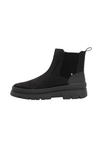 Bottines noires en daim avec des panneaux élastiques sur les côtés, une languette de tirage et des semelles en caoutchouc épaisses avec de profonds sillons pour plus d'adhérence.