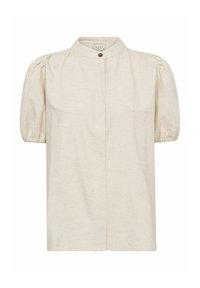 Blusa corta a maniche corte color crema con colletto alto, chiusura a bottoni e maniche a sbuffo arricciate. Realizzata in un tessuto testurizzato con leggere impronte.