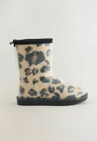 Aišku, vandeniui atsparūs auliniai batai iki kulknies su juodu dirbtiniu kailiu, su smėlio ir juodu leopardų raštu, tekstūruota guma apačioje ir apvalia nosimi.