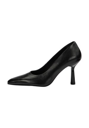 Black leather pointed-toe pump with a mid-height slender heel, smooth texture, and classic elegant design.