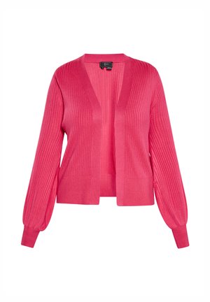 Růžový žebrovaný kardigan s výstřihem do V a otevřeným předním dílem. Má dlouhé rukávy se přiléhavými manžetami a měkký, strukturovaný povrch.