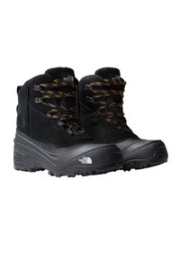 Black hiking boots with a textured suede and nylon upper, featuring yellow and black laces, reinforced ankle support, and a rugged outsole.