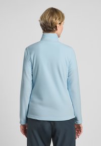Pullover in pile di un tenue azzurro con colletto alto, maniche lunghe, texture liscia e orlo dritto. Presenta un design semplice e monocolore.