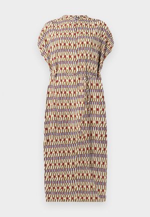 Short-sleeve dress in beige, featuring a geometric pattern in red, blue, and cream. Gathered waist and button detailing at the back.