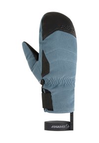 Blaue gestreifte Fäustlinge aus strukturiertem Stoff, mit einer schwarzen Lederhandsfläche und einem Handgelenkband. Auffällige Nähdetails am Körper.