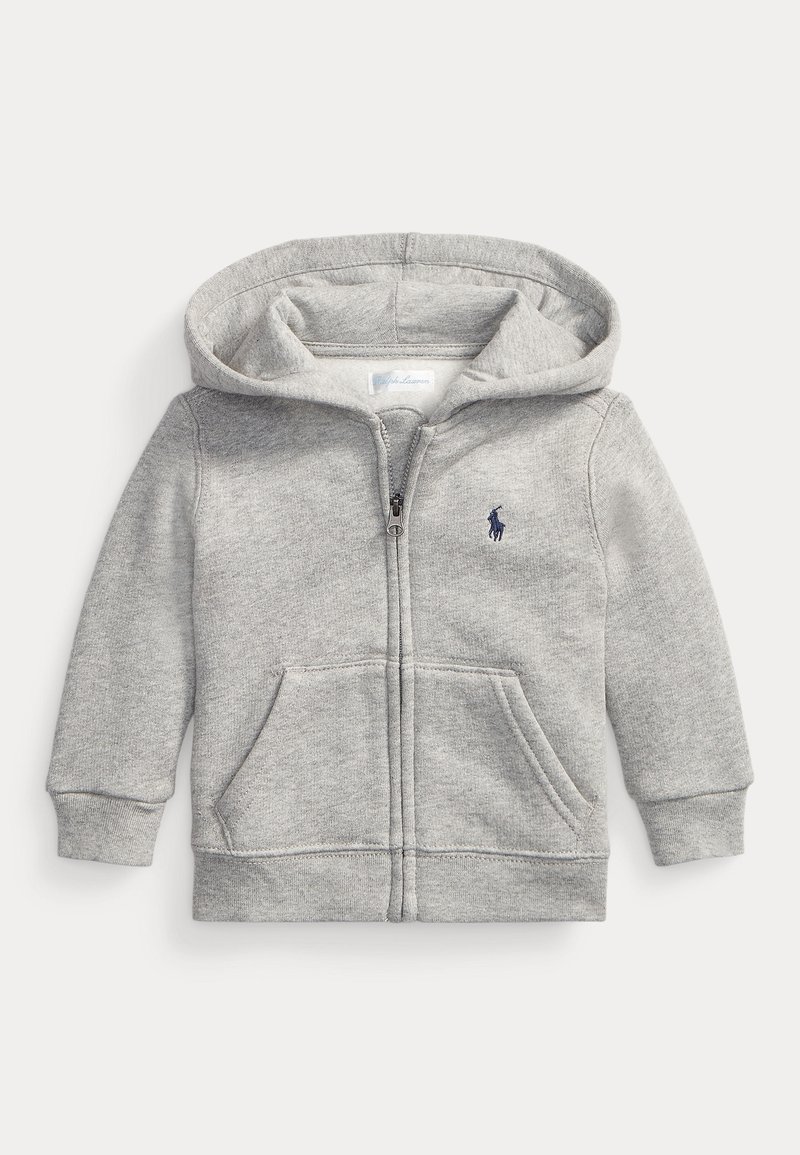 Sweat à capuche zippé gris clair pour enfants, avec poches avant et petit logo bleu brodé sur la poitrine.