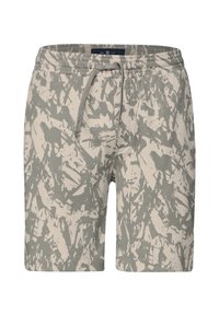 Szorty wykonane z teksturowanej, lekkiej tkaniny, z geometrycznym wzorem kamuflażu w stonowanych odcieniach zieleni i beżu. Regulowany pasek w talii z troczkami.