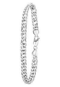 Silver chain bracelet featuring interlocking links, a smooth texture, and a clasp with a rounded accent for secure fastening.