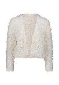 Cardigan blanc texturé avec une surface duveteuse. Devant ouvert, longueur cropped, manches longues et sans fermetures. Tissu doux et léger.