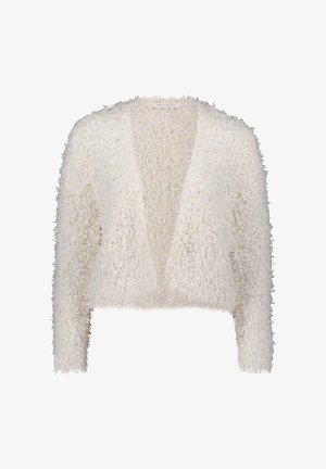 Textured white cardigan with a fuzzy surface. Open front, cropped length, long sleeves, and no fastenings. Soft, lightweight fabric.