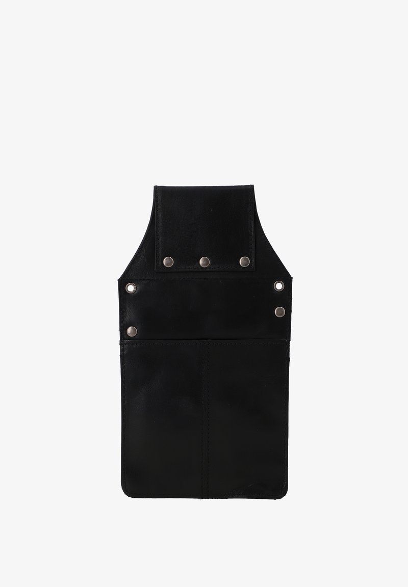 Schwarze Leder-Werkzeugschürze mit Metallnieten und zwei großen Taschen, entworfen für das freihändige Tragen von Werkzeugen oder kleinen Gegenständen.