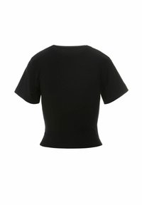 Zwart cropped t-shirt gemaakt van zachte jersey stof. Heeft korte mouwen en een ronde halslijn, met een fitted design en gladde textuur.