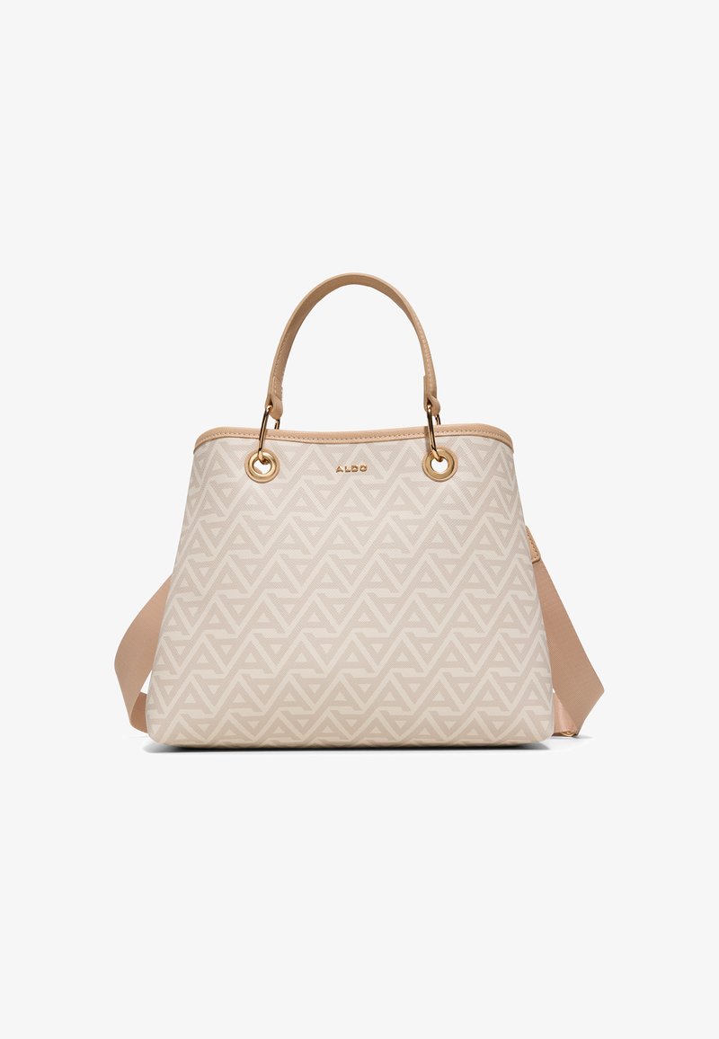 Sac à main ALDO beige avec motif géométrique, quincaillerie dorée, double poignées supérieures et bandoulière amovible.