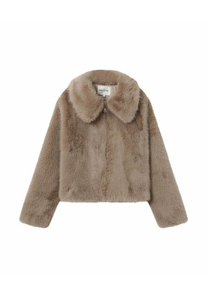 Giacca in pelliccia sintetica cropped di color marrone chiaro, con un ampio colletto e chiusura con zip; texture morbida con un aspetto leggermente peloso.