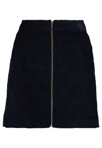 Jupe en velours côtelé bleu marine avec une fermeture éclair à l'avant, présentant une texture côtelée verticale et un ourlet net. Design simple et ajusté.