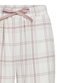 Rutmønstret pyjamas bukser i blød bomuld, med en hvid bundfarve og lyserøde samt beige linjer, elastisk talje og en matchende båndsnøre.