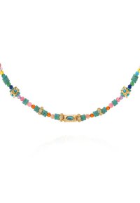 Collier en perles multicolores avec des accents turquoise et or, comprenant des formes variées. Perles lisses et texturées mêlées à des accessoires décoratifs.