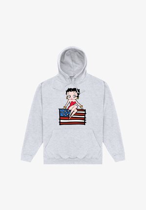 Šedá mikina s kapucí s kreslenou postavičkou sedící na stylizované americké vlajce. Design obsahuje výrazné barvy a klokaní kapsu.