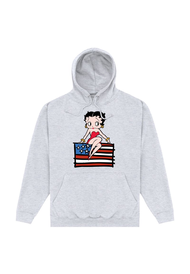 Šedá mikina s kapucí s kreslenou postavičkou sedící na stylizované americké vlajce. Design obsahuje výrazné barvy a klokaní kapsu.