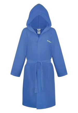 Accappatoio blu con cappuccio, maniche lunghe, tasche frontali, cintura in vita e piccolo logo Speedo sul petto.