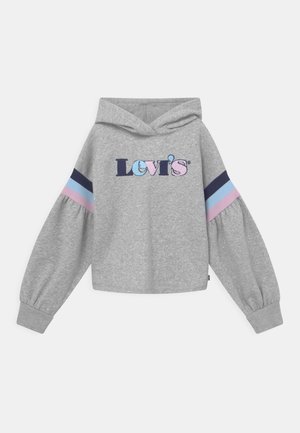 Gray Levi's hooded sweatshirt with puffed long sleeves and navy, light blue, and pink stripes on upper arms.