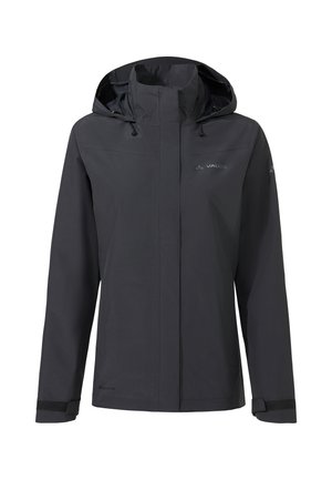 Dunkelgraue wasserdichte Jacke mit Kapuze, Frontreißverschluss, der von einer Sturmklappe bedeckt ist, und verstellbaren Klettmanschetten.