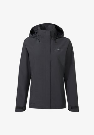 Dunkelgraue wasserdichte Jacke mit Kapuze, Frontreißverschluss, der von einer Sturmklappe bedeckt ist, und verstellbaren Klettmanschetten.