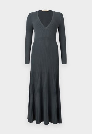Long, dark gray ribbed dress with a deep V-neckline and long sleeves. Flared bottom hem with vertical texture throughout the fabric.