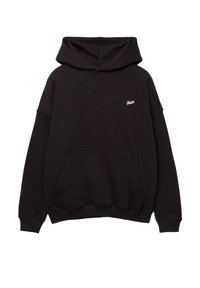 Schwarzer Kapuzenpullover mit Kängurutasche und kleinem weißen "Swt?"-Logo auf der linken Brust, langen Ärmeln sowie gerippten Bündchen und Saum.